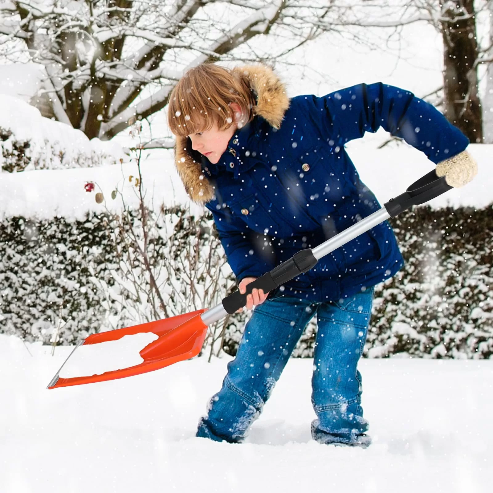 OPELETNNT Kids Snow Shovel with D-Grip Handle, Durable Aluminum Blade, Toddler Snow Shovel for Car Trunk