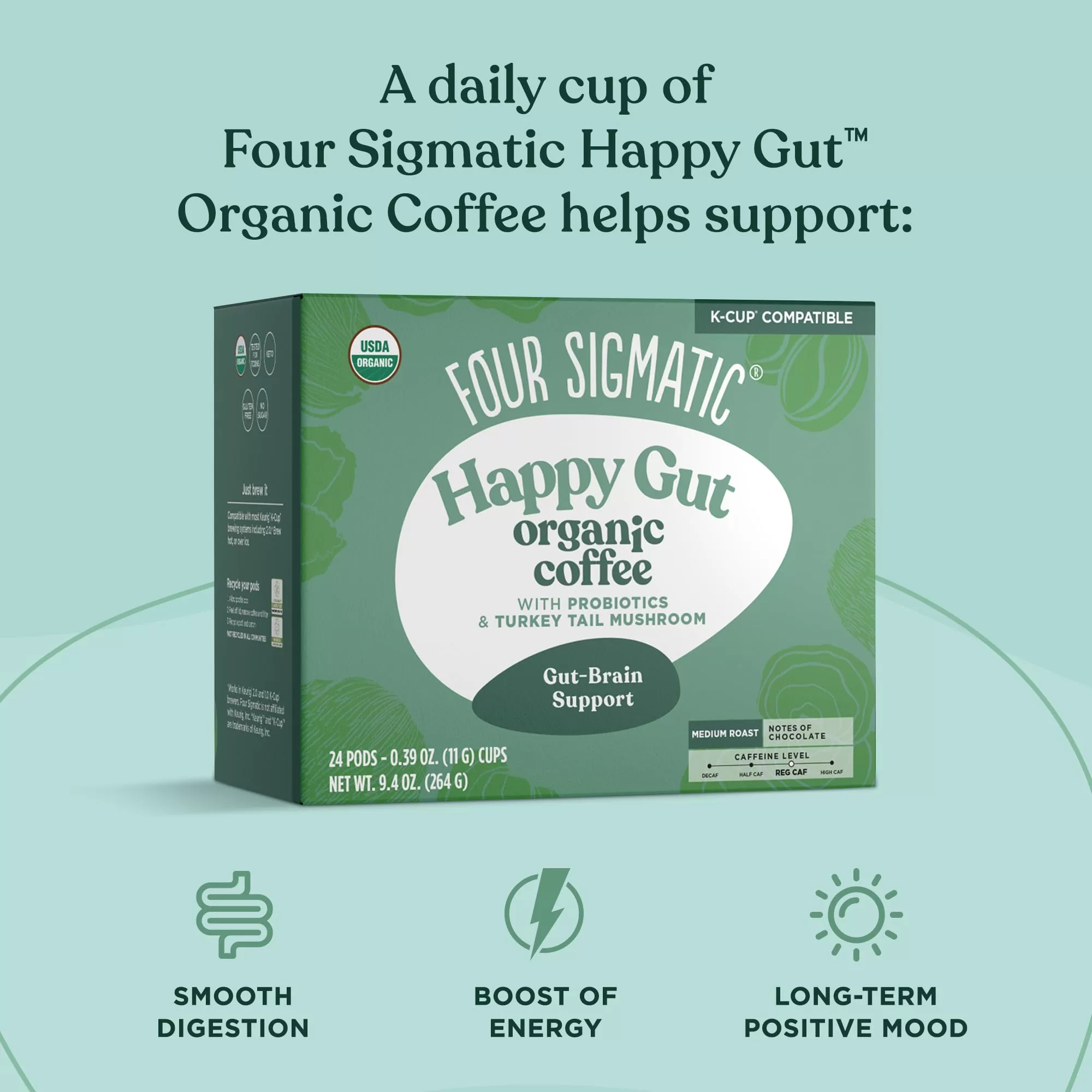 Four Sigmatic Mushroom Coffee K-Cups with Probiotic, Organic and Fair Trade Coffee, Heat Resistant, 24 Count