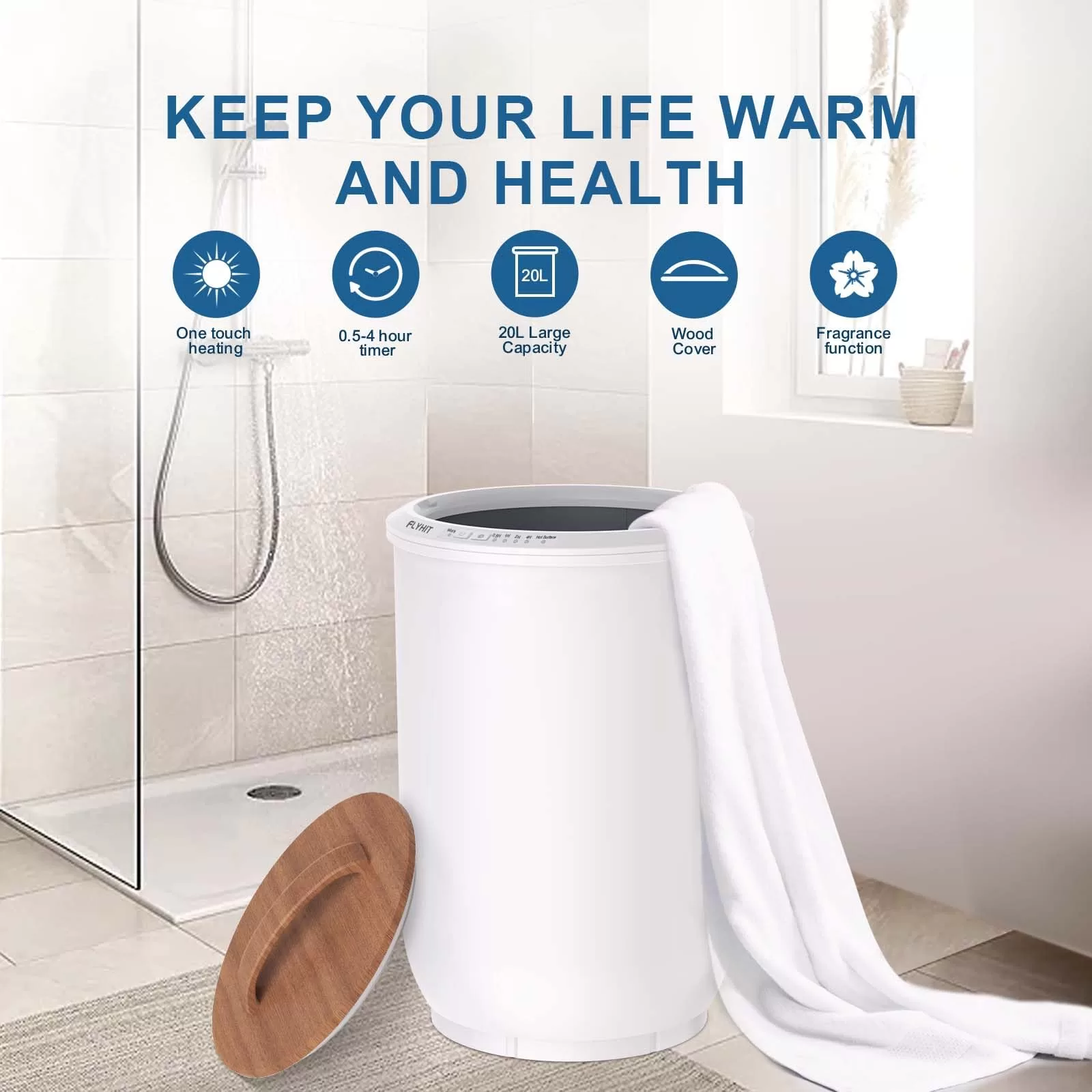 FLYHIT Luxury Towel Warmers for Bathroom - Wooden Lid, Large Towel Warmer Bucket