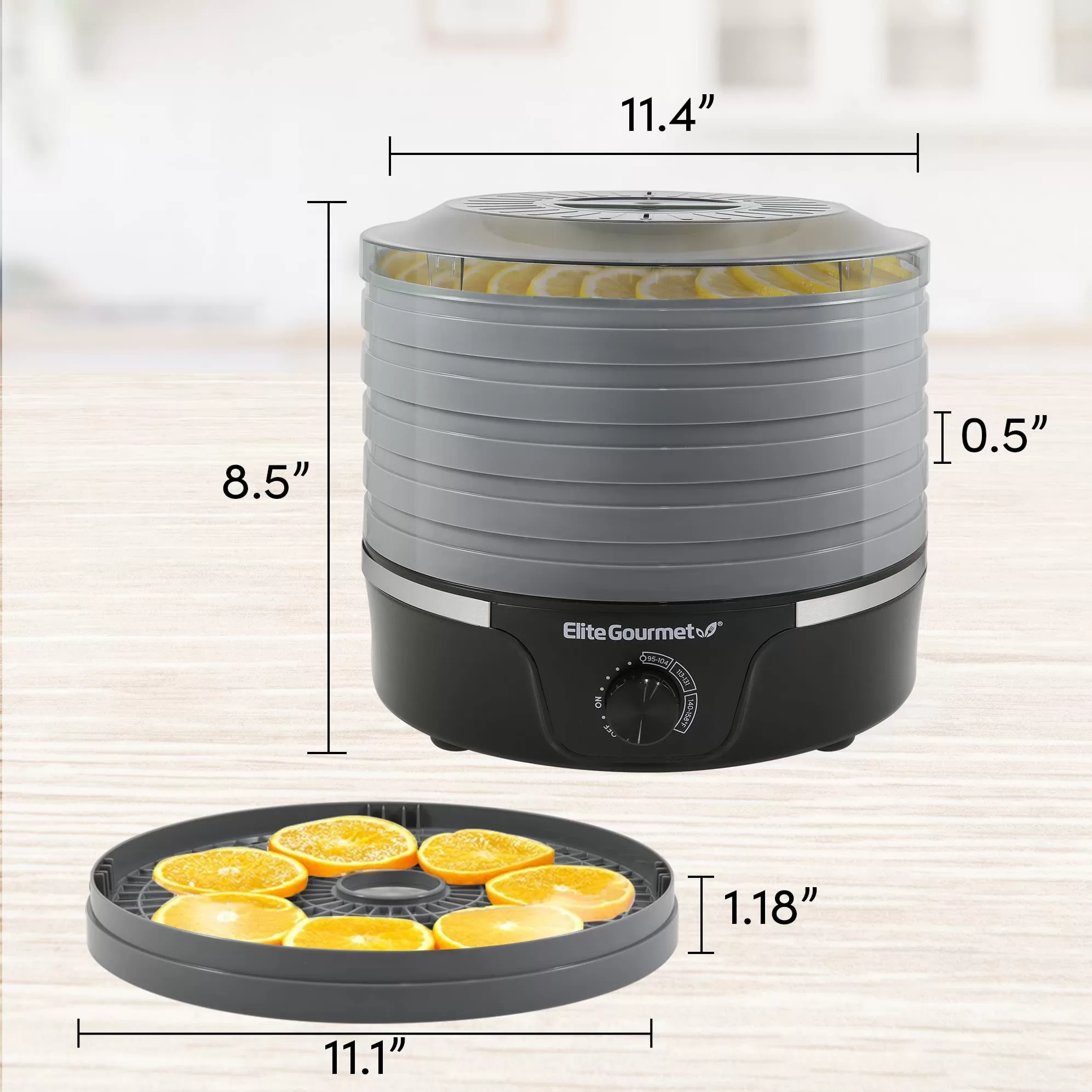 Elite Gourmet EFD319BNG Food Dehydrator, 5 BPA-Free 11.4" Trays Adjustable Temperature Controls, Black and Grey, 5 Trays