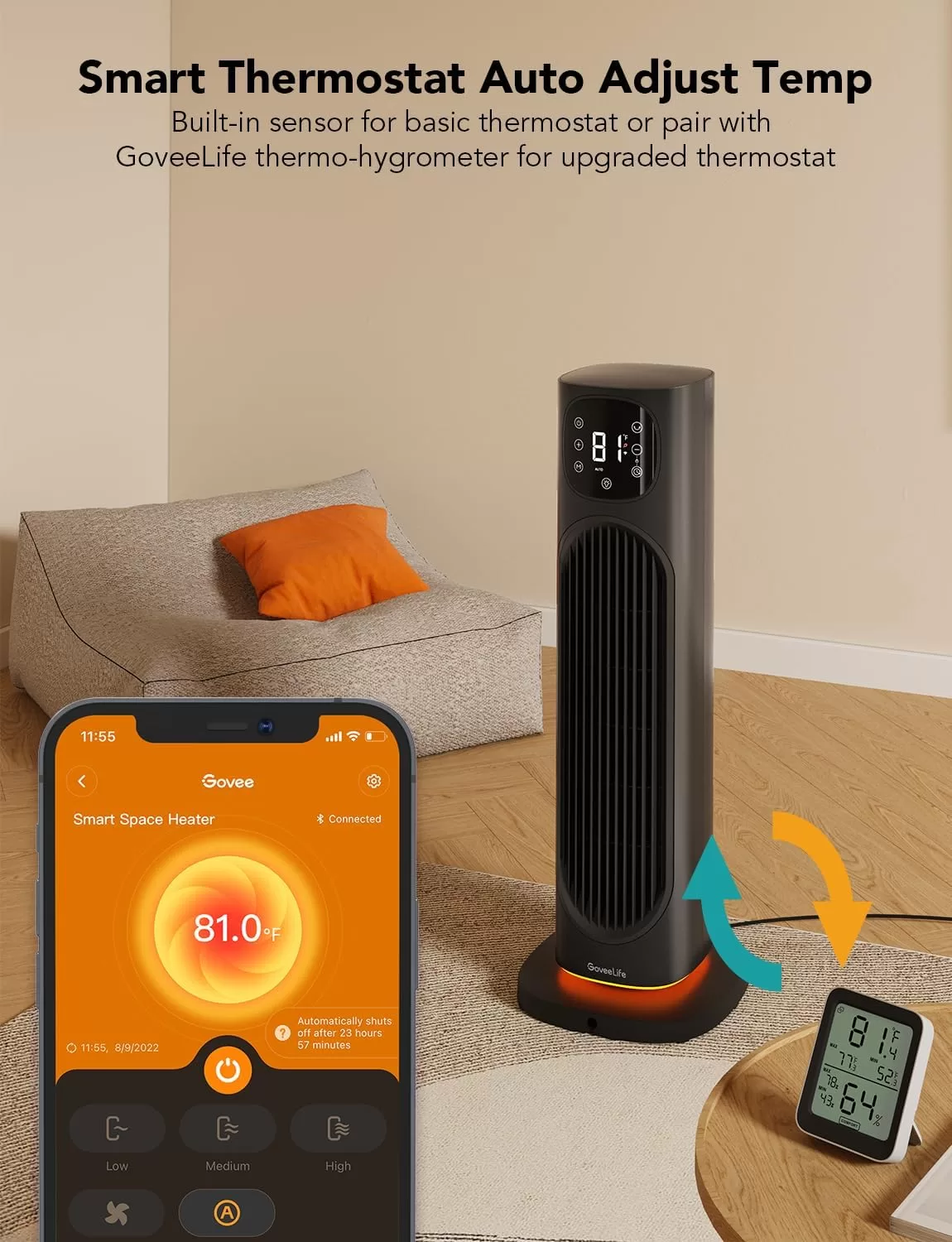 GoveeLife 24" Space Heater, 80° Oscillating Smart Electric Heater