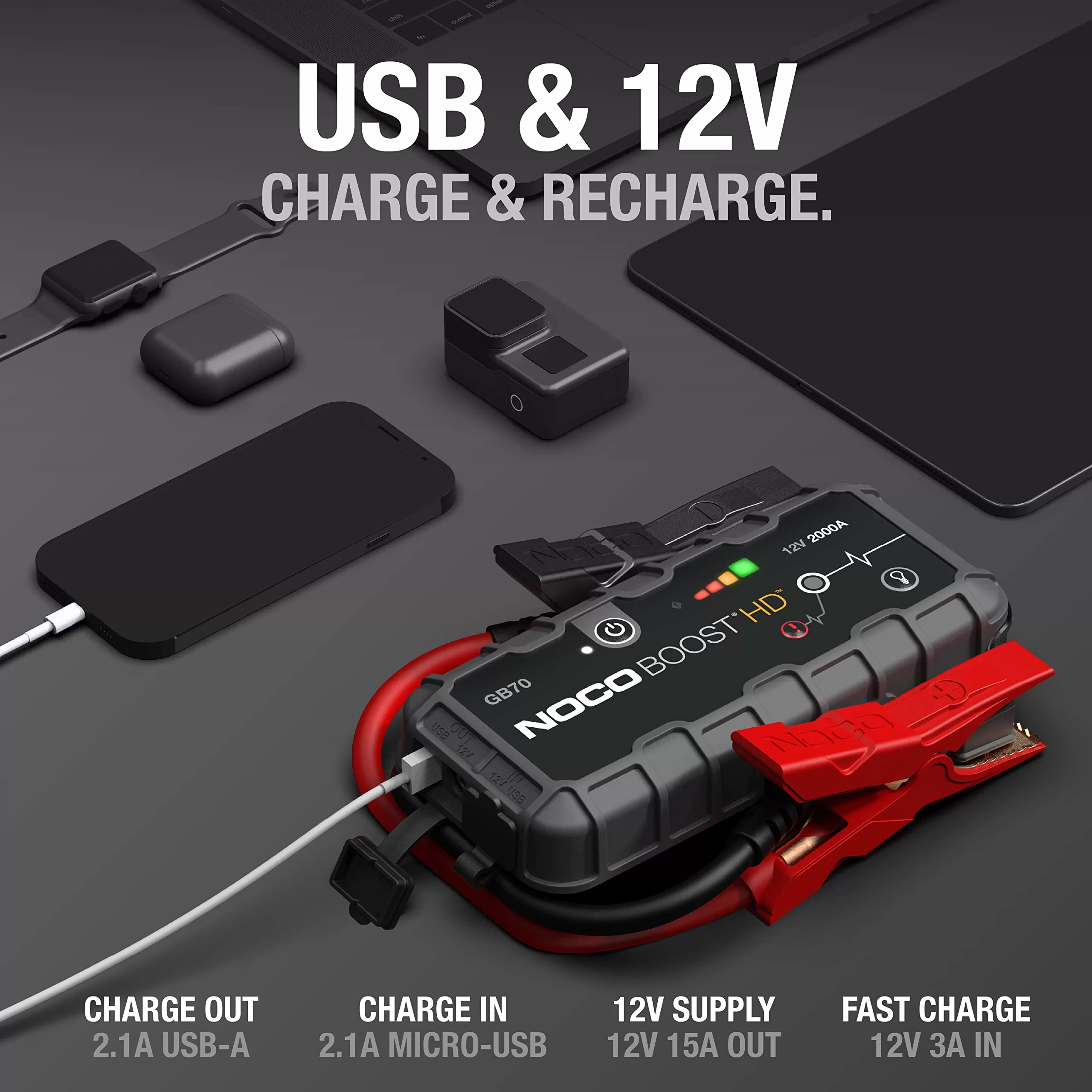 NOCO Boost HD GB70 2000A UltraSafe Car Battery Jump Starter, 12V Battery Booster Pack