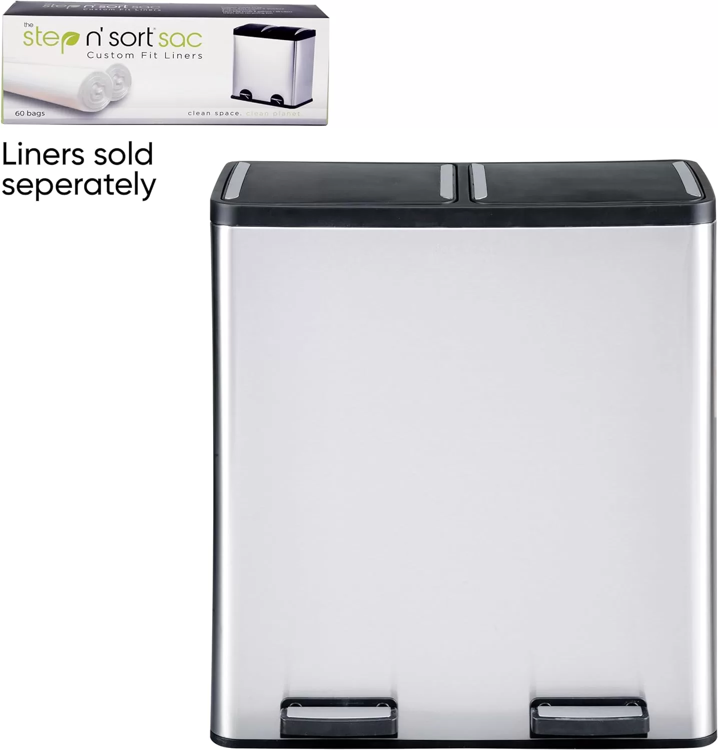 The Step N' Sort 18.5 Gallon Extra Large Capacity, Soft-Step, Dual Trash and Recycling Bin with Removable Inner Bins, Silver