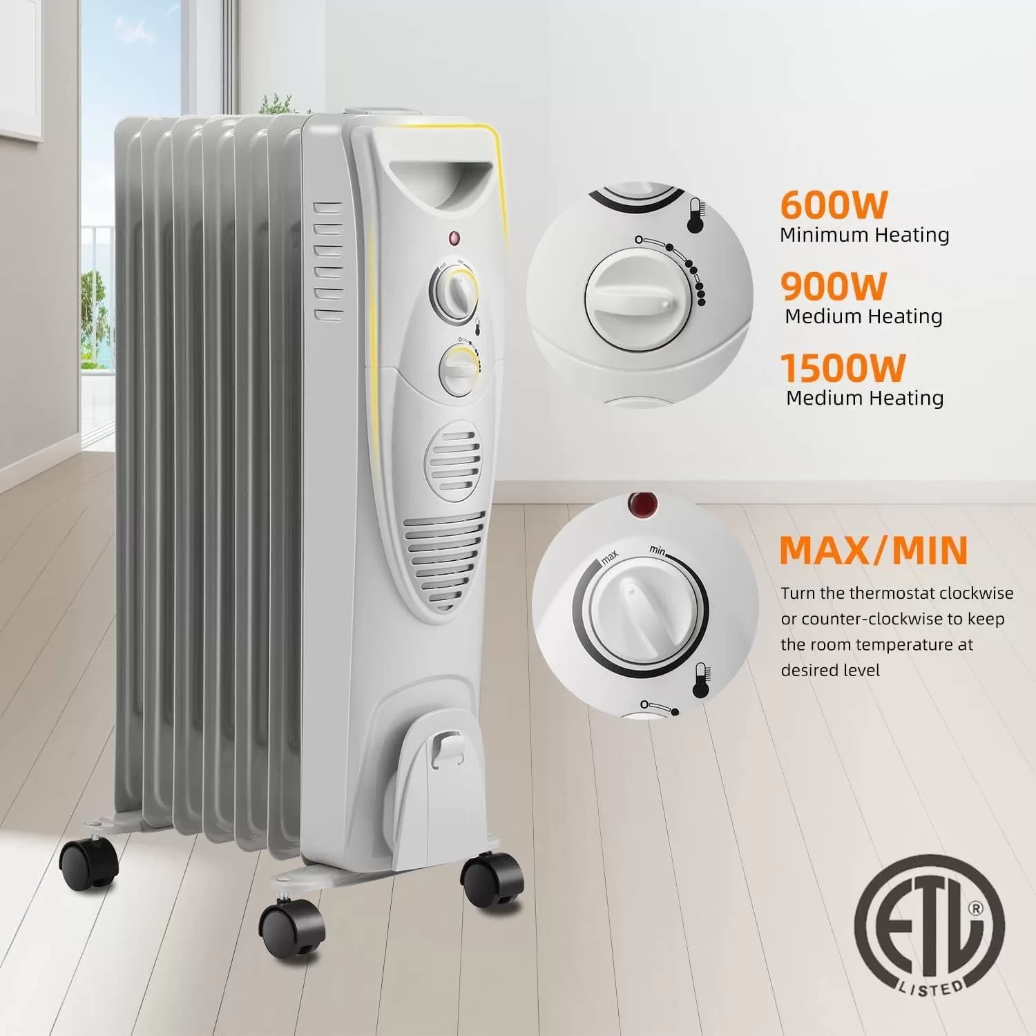 R.W.FLAME Oil Filled Radiator Heater, 3 Heat Settings, Adjustable Thermostat, Portable Space heater