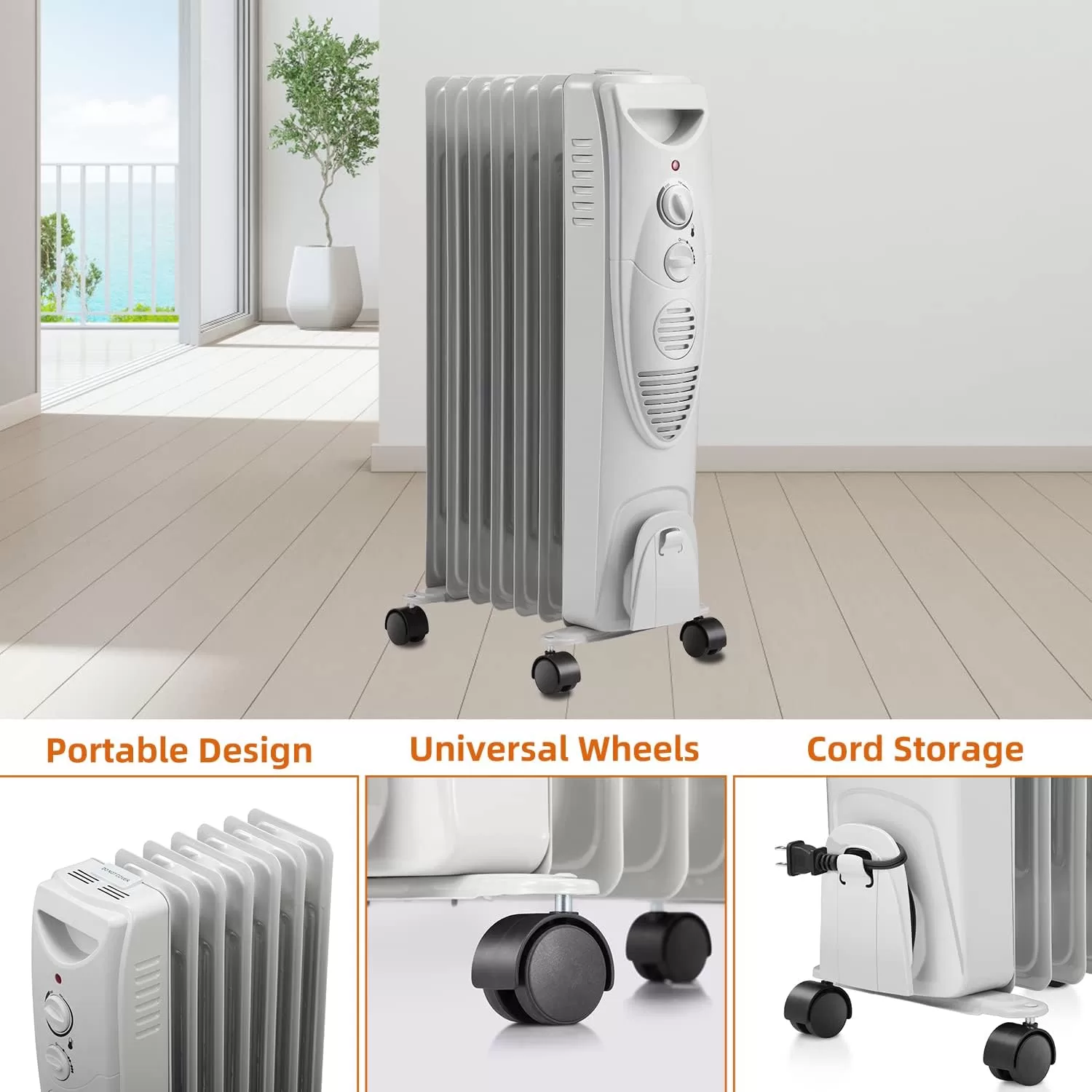R.W.FLAME Oil Filled Radiator Heater, 3 Heat Settings, Adjustable Thermostat, Portable Space heater