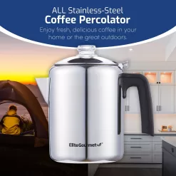 Elite Gourmet EC008 Classic Stovetop Coffee Percolator, Glass Clear Brew Progress Knob, Cool-Touch Handle, Stainless Steel