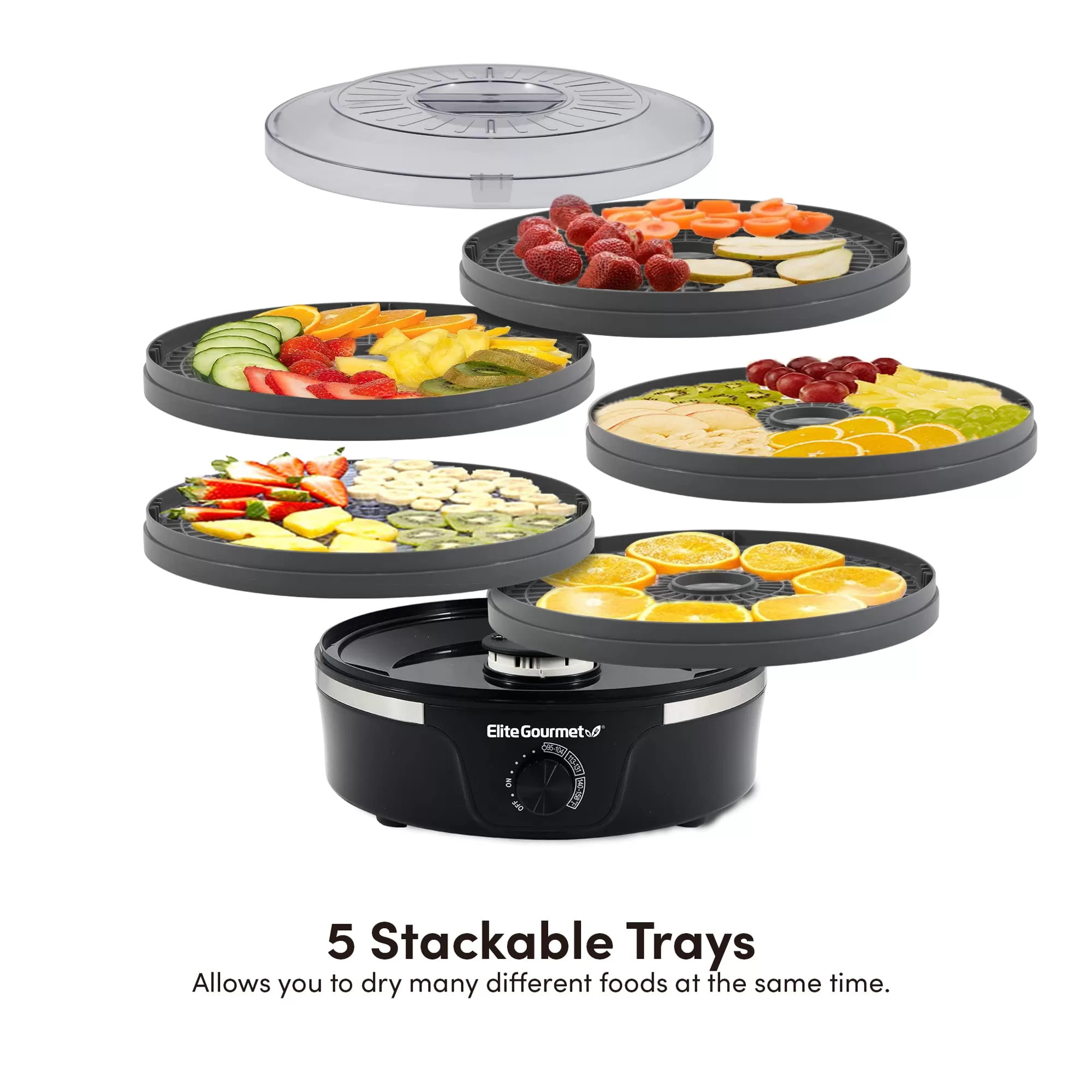 Elite Gourmet EFD319BNG Food Dehydrator, 5 BPA-Free 11.4" Trays Adjustable Temperature Controls, Black and Grey, 5 Trays