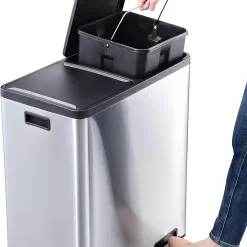The Step N' Sort 18.5 Gallon Extra Large Capacity, Soft-Step, Dual Trash and Recycling Bin with Removable Inner Bins, Silver
