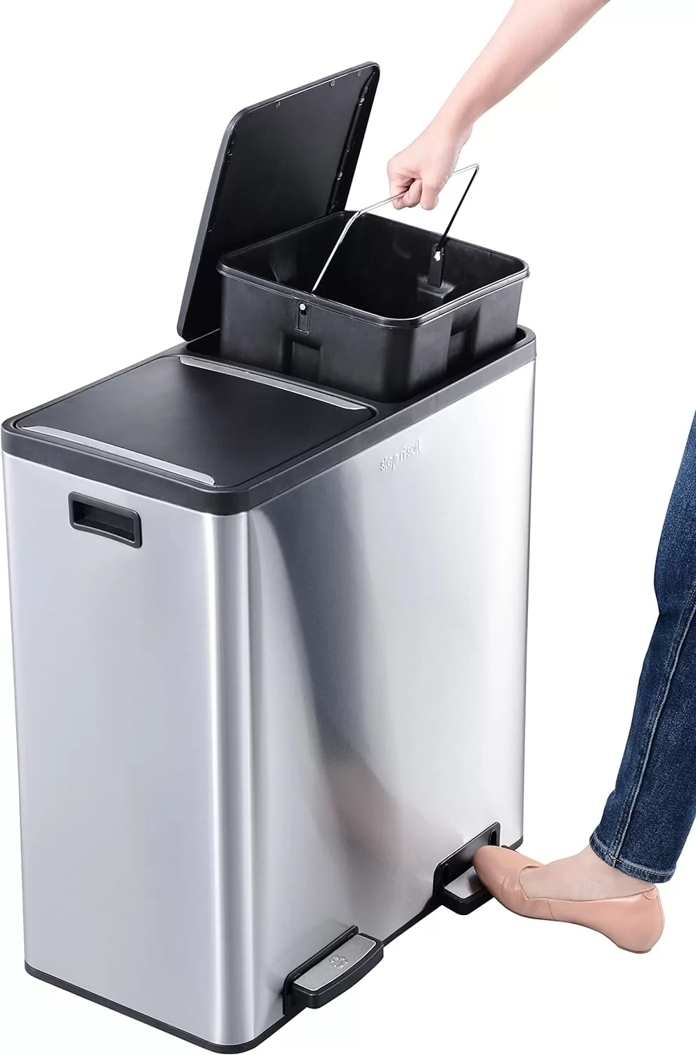 The Step N' Sort 18.5 Gallon Extra Large Capacity, Soft-Step, Dual Trash and Recycling Bin with Removable Inner Bins, Silver