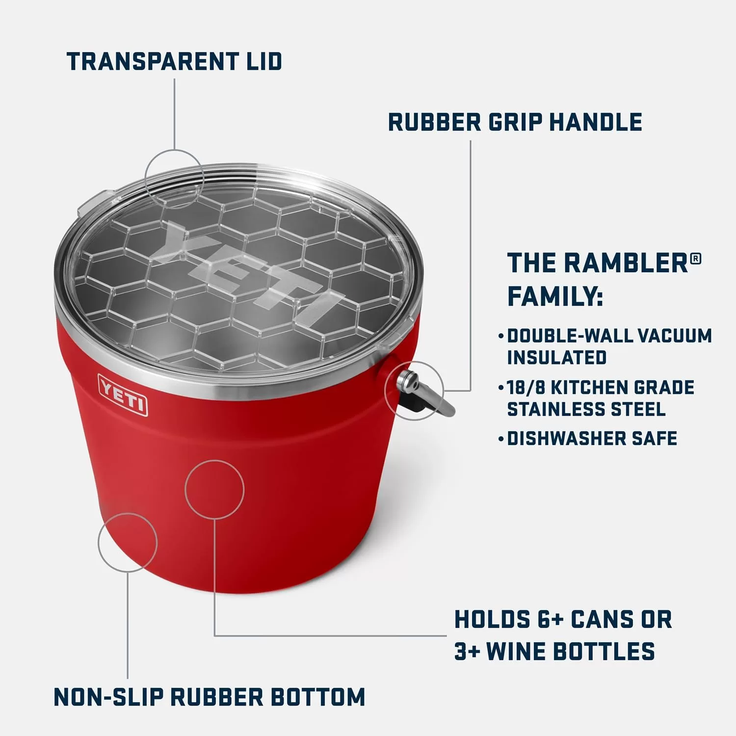 YETI Rambler Beverage Bucket, Double-Wall Vacuum Insulated Ice Bucket with Lid, Rescue Red - Image 6