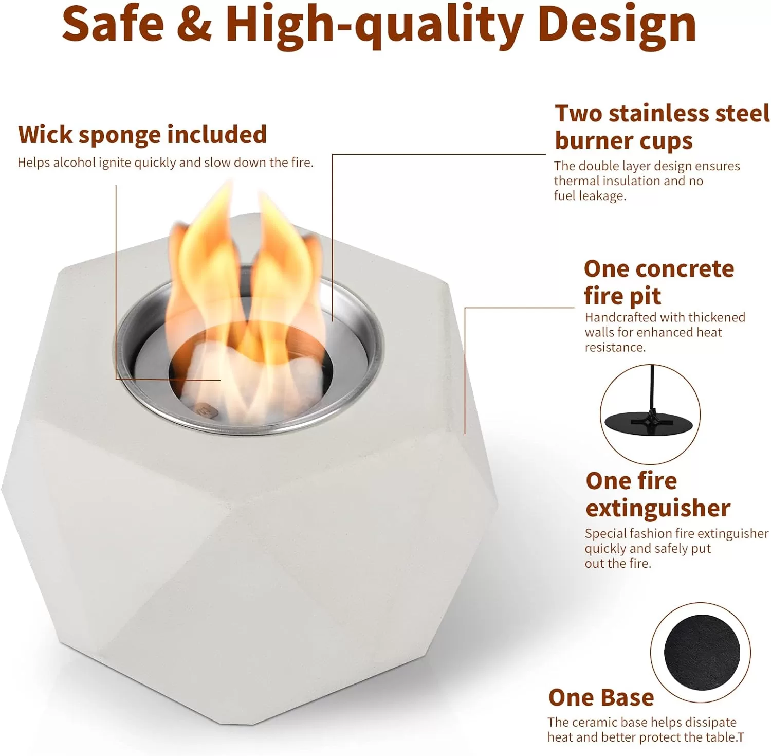 KIZZBY Table Top Fire Pit Bowl - Concrete Tabletop Fireplace Indoor Outdoor Decor Portable Rubbing Alcohol Burner Smores Maker