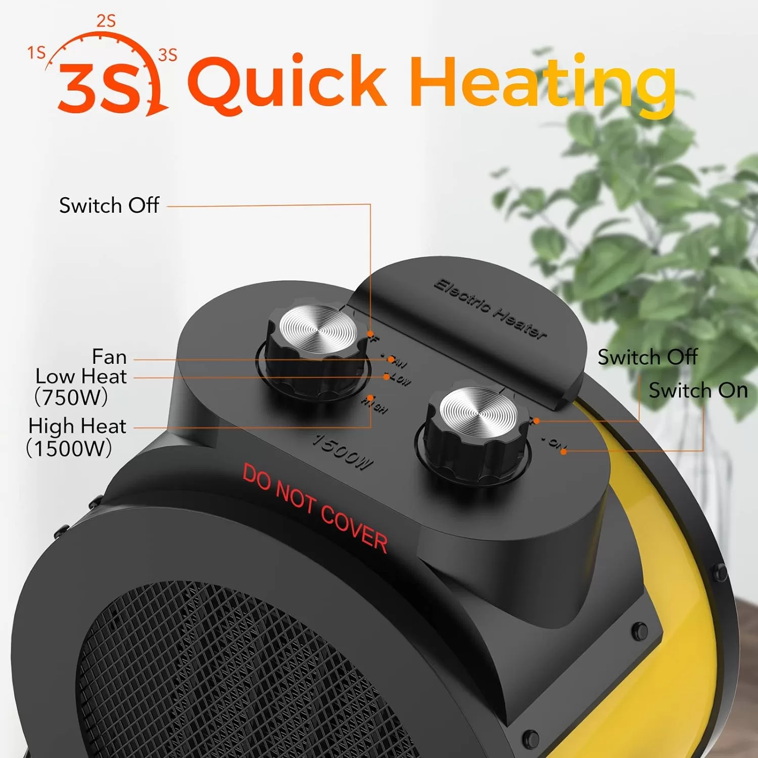 Elevoke Space Heaters for Indoor Use, 1500W PTC Electric Heater with 90°Adjustable Angle