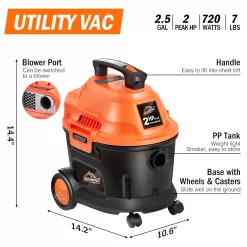 Armor All AA255W 2.5 Gallon 2 Peak HP Utility Wet/Dry Car and Shop Vacuum, 2.5-Gallon, Orange