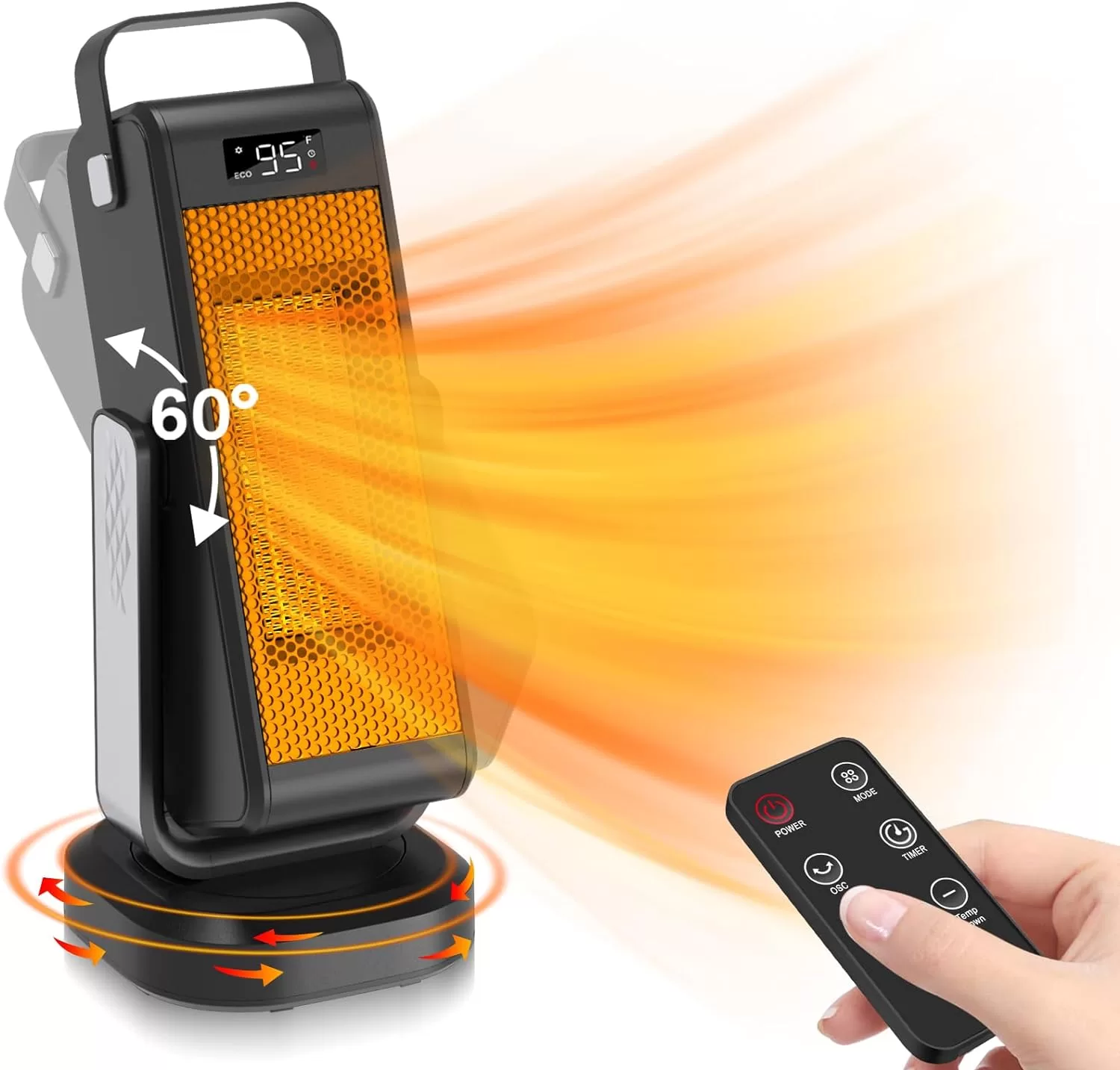 Graefsty 360-Degree Swivel Space Heater Indoor, 3D Oscillating Portable Room Heater with Thermostat