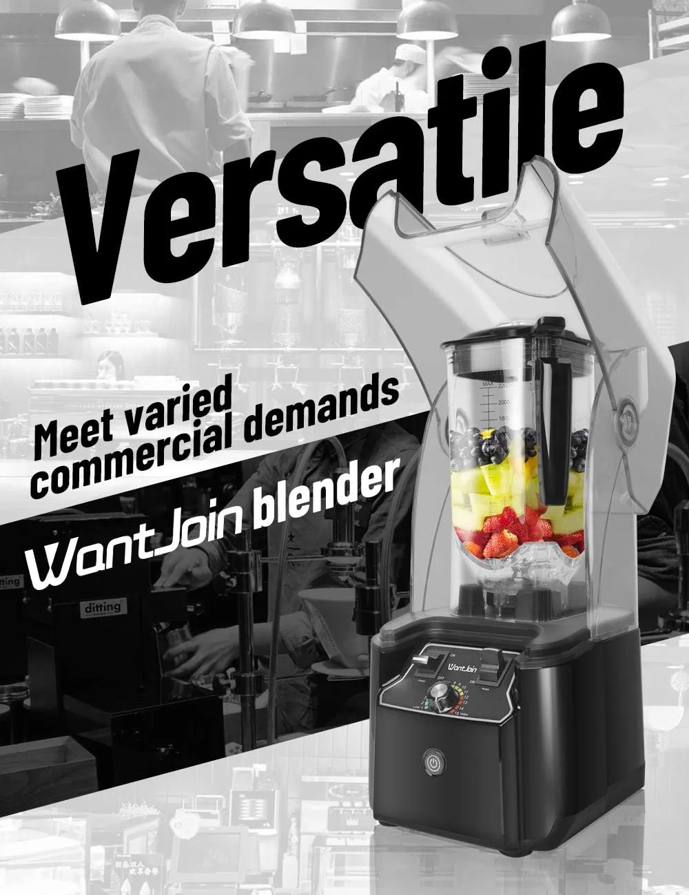 WantJoin Commercial Blender 2200W - Quiet Sound Enclosure, Powerful Professional-Grade, Self-Cleaning, Black
