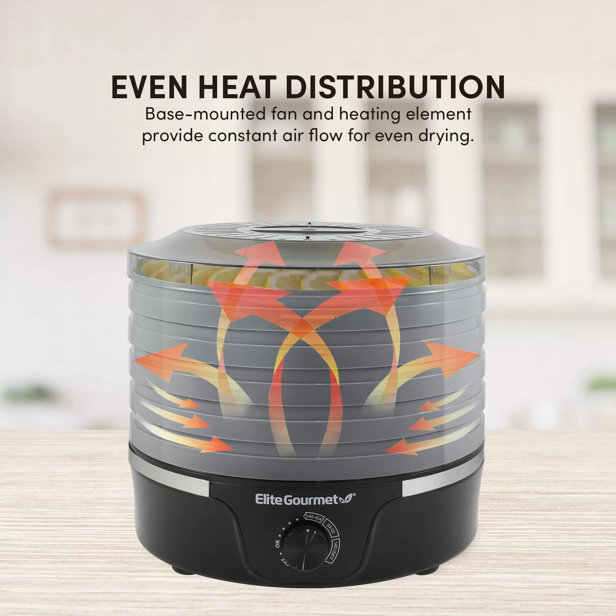 Elite Gourmet EFD319BNG Food Dehydrator, 5 BPA-Free 11.4" Trays Adjustable Temperature Controls, Black and Grey, 5 Trays