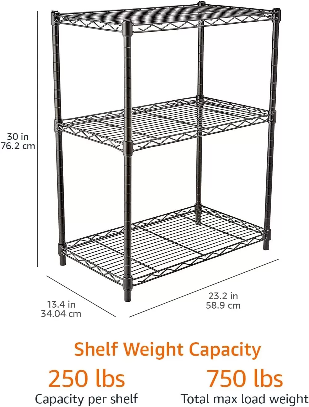 Amazon Basics 3-Shelf Narrow Adjustable, Heavy Duty Storage Shelving Unit , Black, 23.2"L x 13.4"W x 30"H