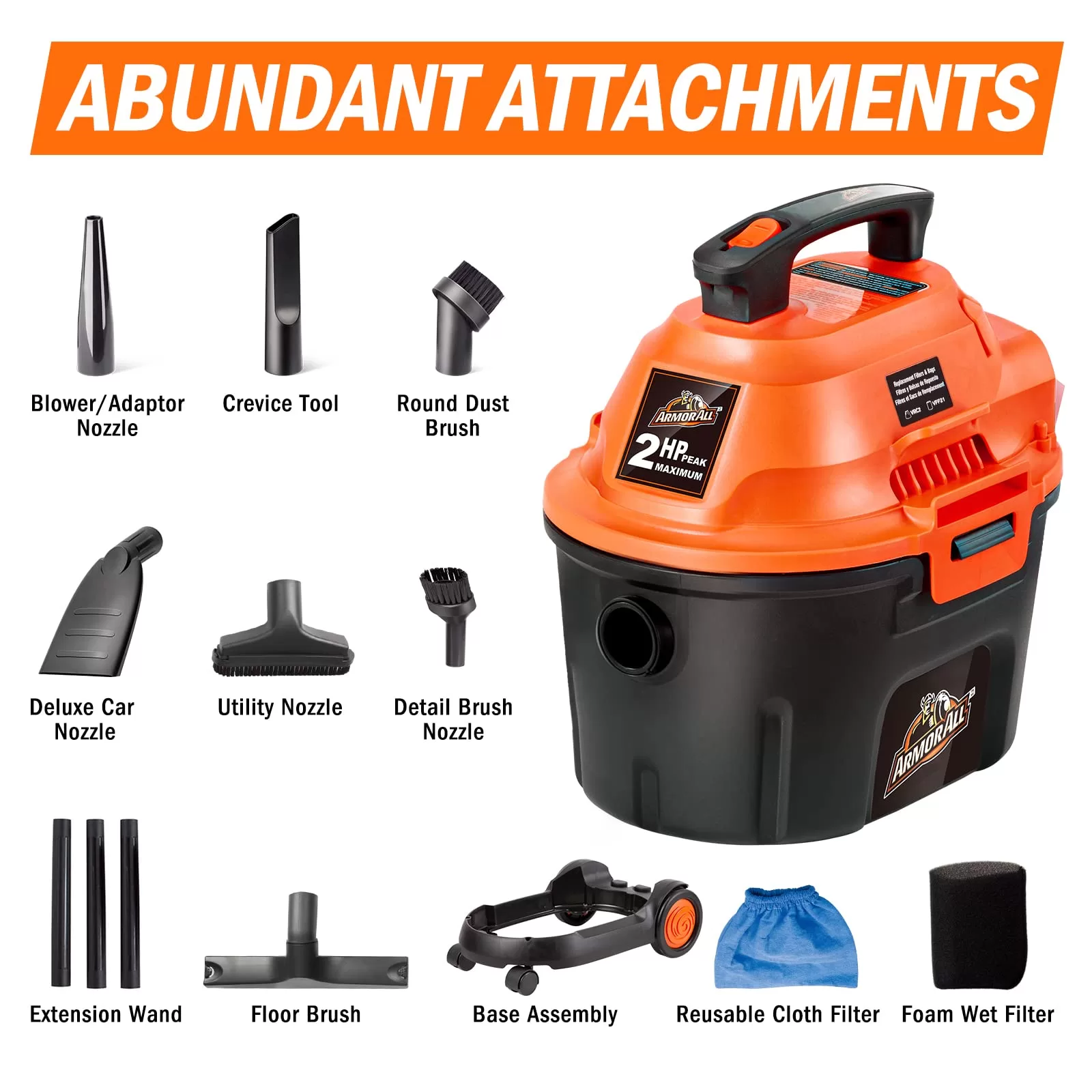 Armor All AA255W 2.5 Gallon 2 Peak HP Utility Wet/Dry Car and Shop Vacuum, 2.5-Gallon, Orange