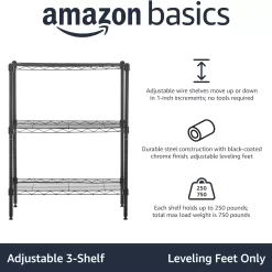 Amazon Basics 3-Shelf Narrow Adjustable, Heavy Duty Storage Shelving Unit , Black, 23.2