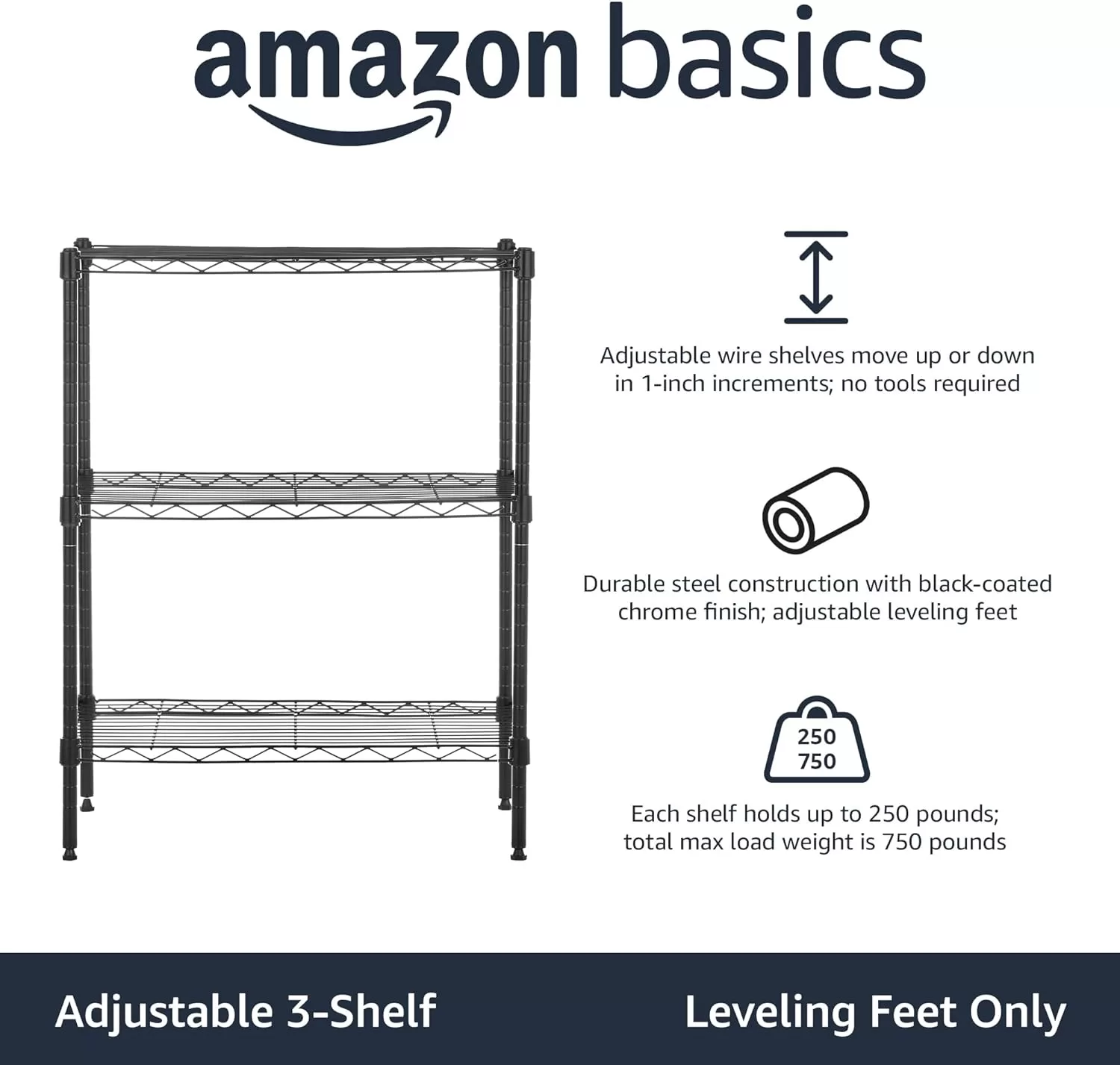 Amazon Basics 3-Shelf Narrow Adjustable, Heavy Duty Storage Shelving Unit , Black, 23.2"L x 13.4"W x 30"H