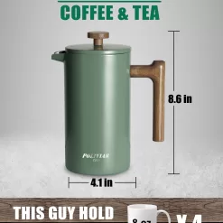 POLIVIAR French Press Coffee Maker, 34 oz Coffee Press with Real Wood Handle, Double Wall Insulation & Dual-Filter Screen