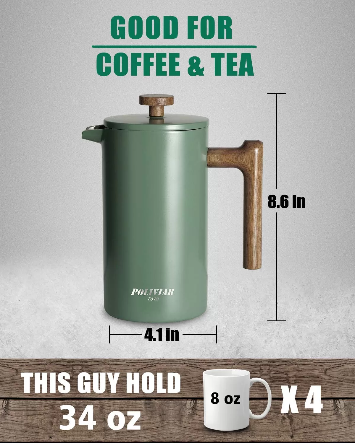 POLIVIAR French Press Coffee Maker, 34 oz Coffee Press with Real Wood Handle, Double Wall Insulation & Dual-Filter Screen