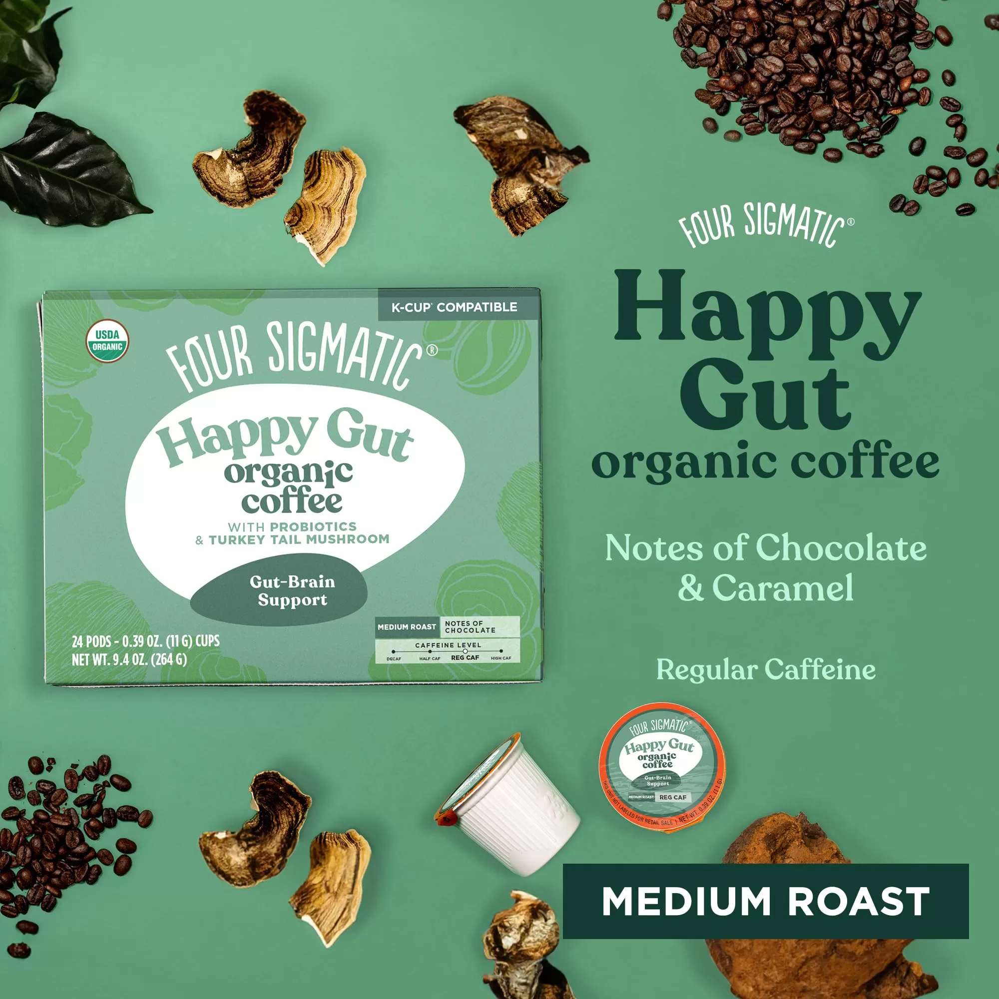 Four Sigmatic Mushroom Coffee K-Cups with Probiotic, Organic and Fair Trade Coffee, Heat Resistant, 24 Count