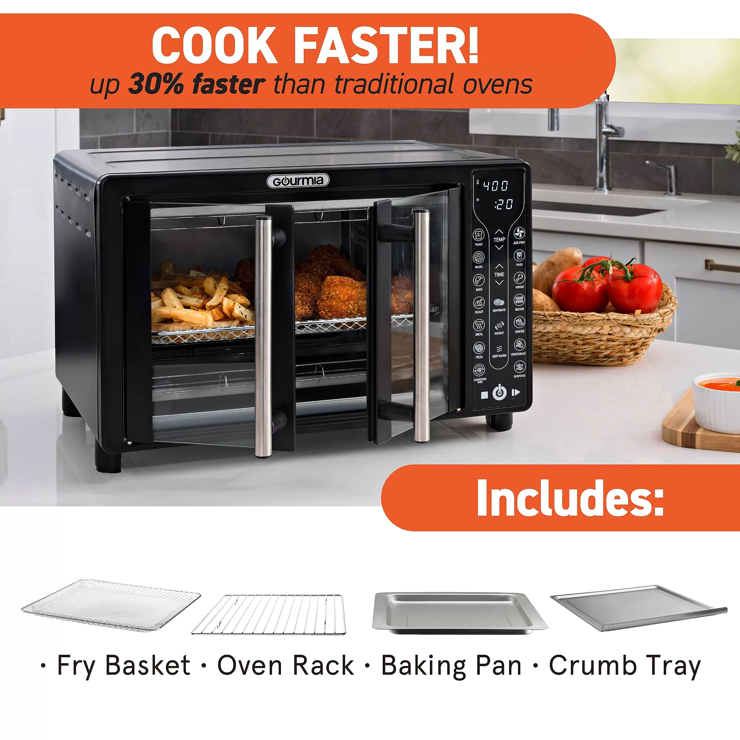 Gourmia Toaster Oven Air Fryer Combo 17 cooking presets 1700W french door digital air fryer oven 24L capacity accessories