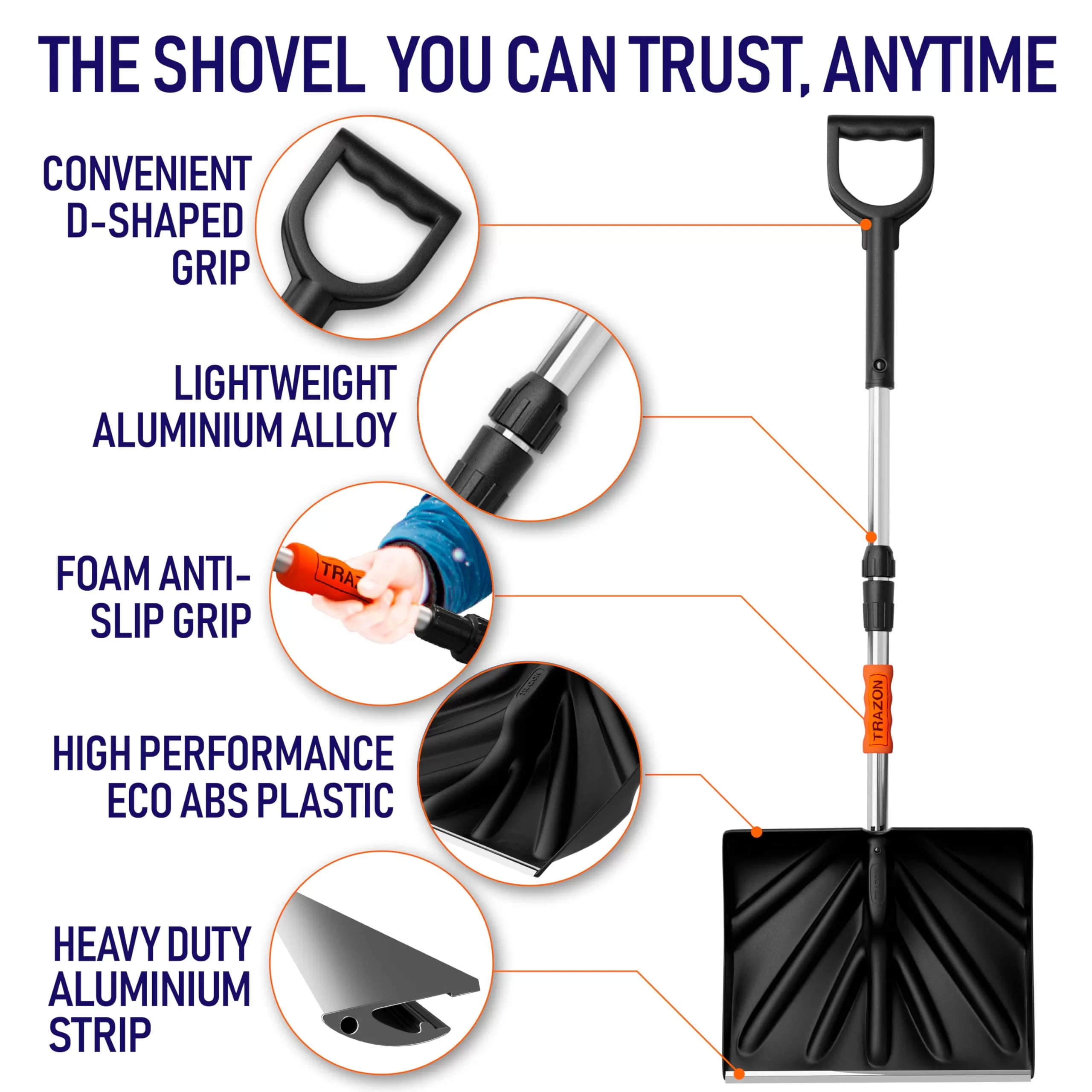 Trazon Snow Shovel for Driveway Car Home Garage - Portable Folding Snow Shovel (Black)