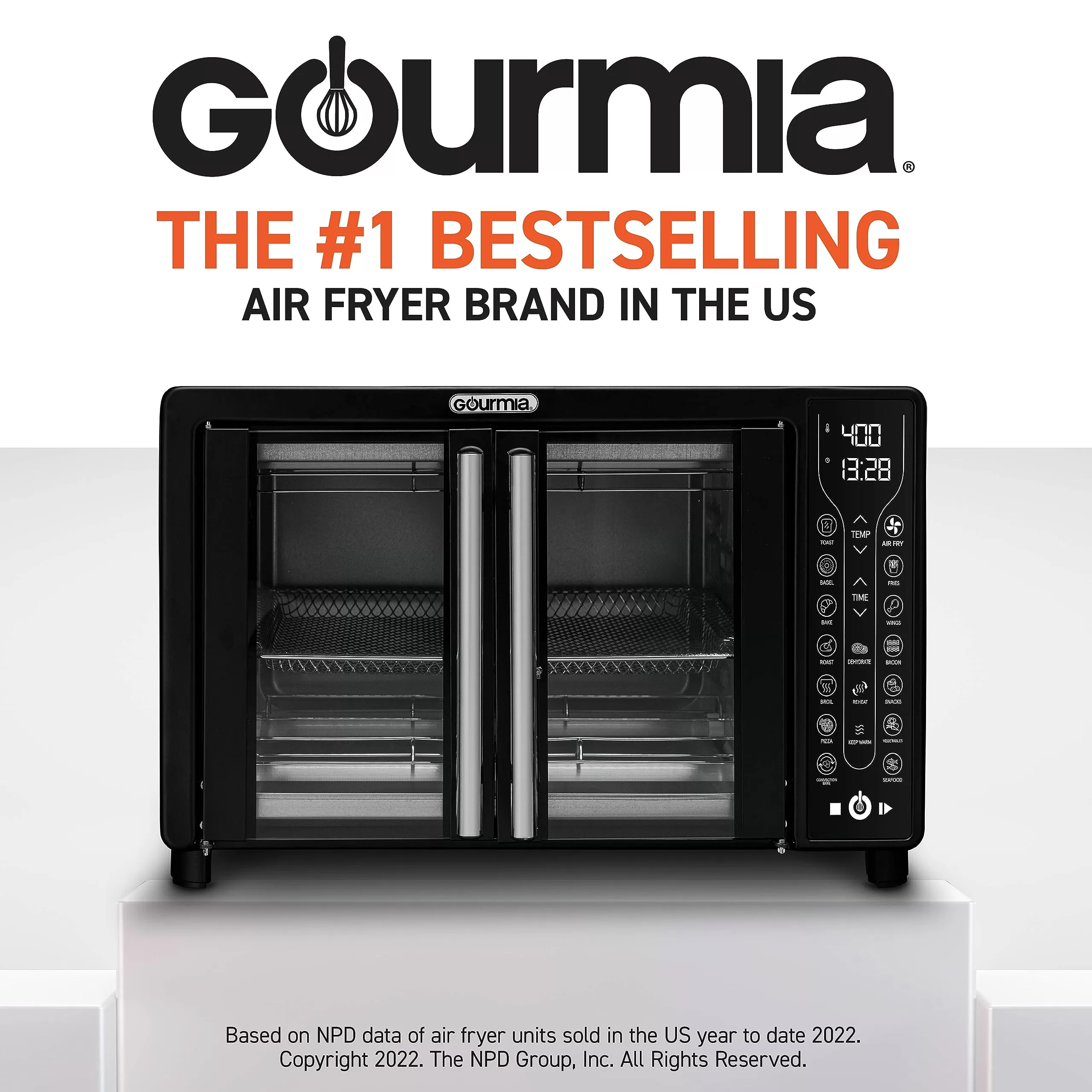 Gourmia Toaster Oven Air Fryer Combo 17 cooking presets 1700W french door digital air fryer oven 24L capacity accessories