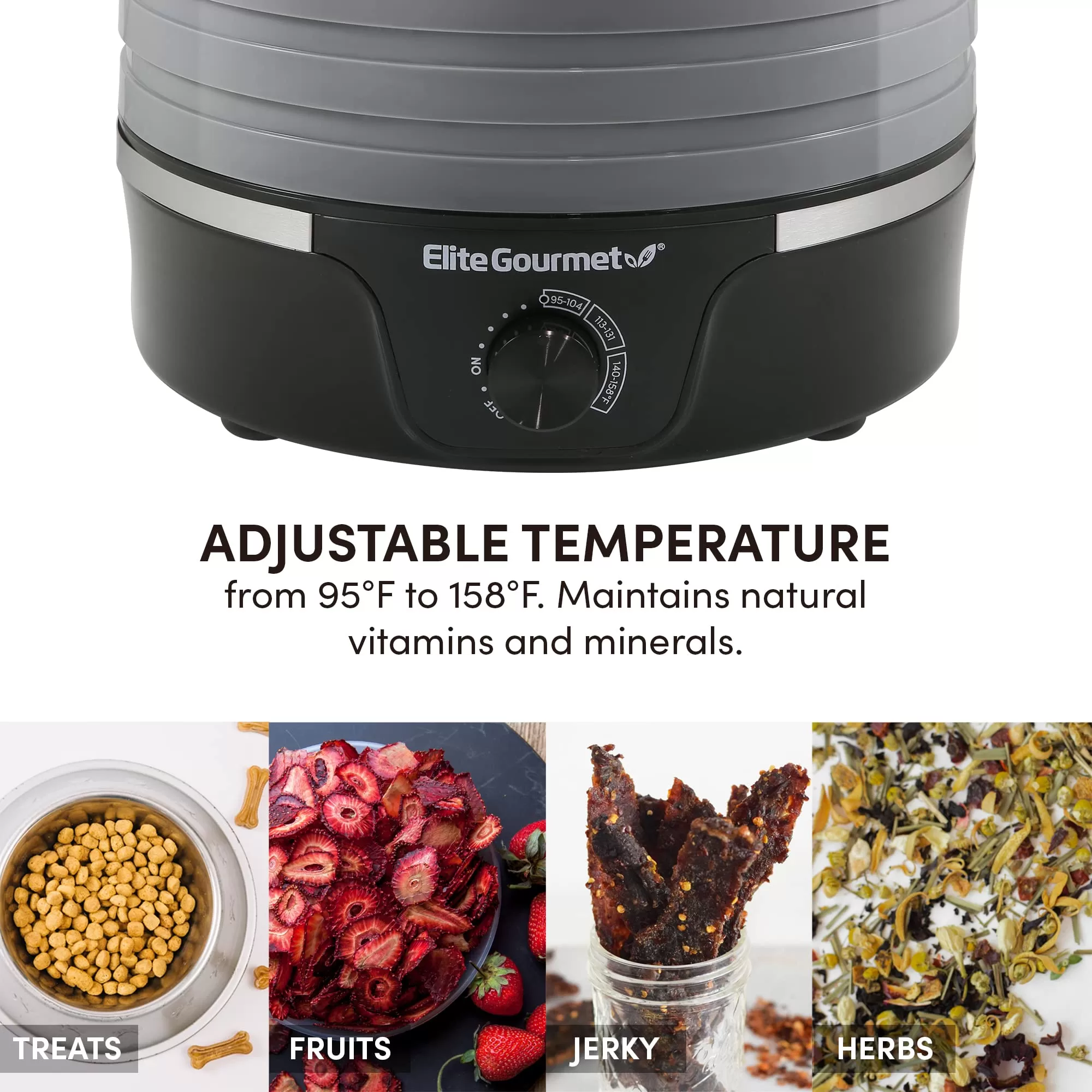 Elite Gourmet EFD319BNG Food Dehydrator, 5 BPA-Free 11.4" Trays Adjustable Temperature Controls, Black and Grey, 5 Trays