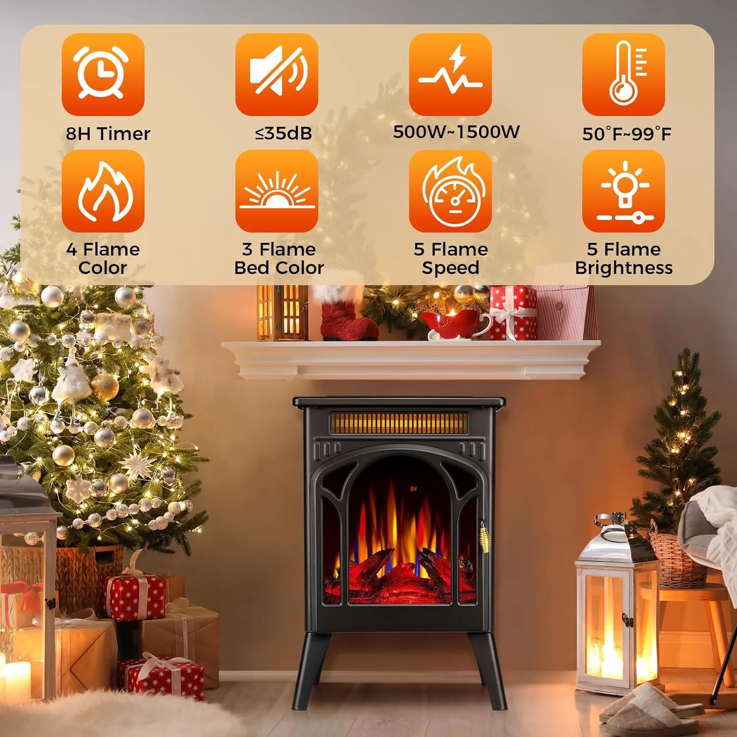COWSAR Electric Fireplaces, 1500W Infrared Electric Stove Heater, Efficient Heating, 3D Realistic Flame, 5100 BTU