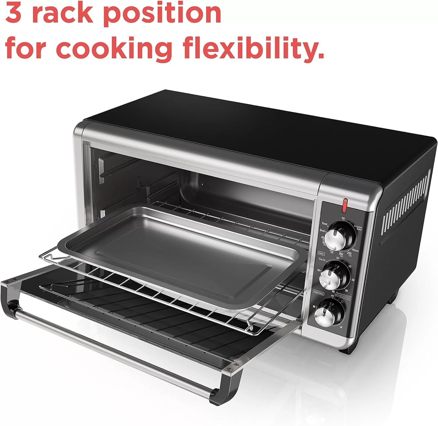 BLACK+DECKER TO3250XSB 8-Slice Extra Wide Convection Countertop Toaster Oven, Includes Bake Pan, Broil Rack & Toasting Rack, Stainless Steel/Black