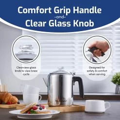 Elite Gourmet EC008 Classic Stovetop Coffee Percolator, Glass Clear Brew Progress Knob, Cool-Touch Handle, Stainless Steel