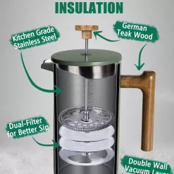 POLIVIAR French Press Coffee Maker, 34 oz Coffee Press with Real Wood Handle, Double Wall Insulation & Dual-Filter Screen