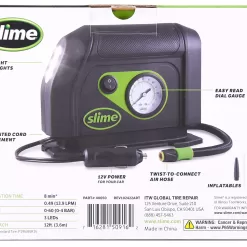Slime 40050 Tire Inflator, Portable Car Air Compressor, with Analog 100 psi Dial Gauge, Long Hose and LED Light, 12V, 8 min Inflation