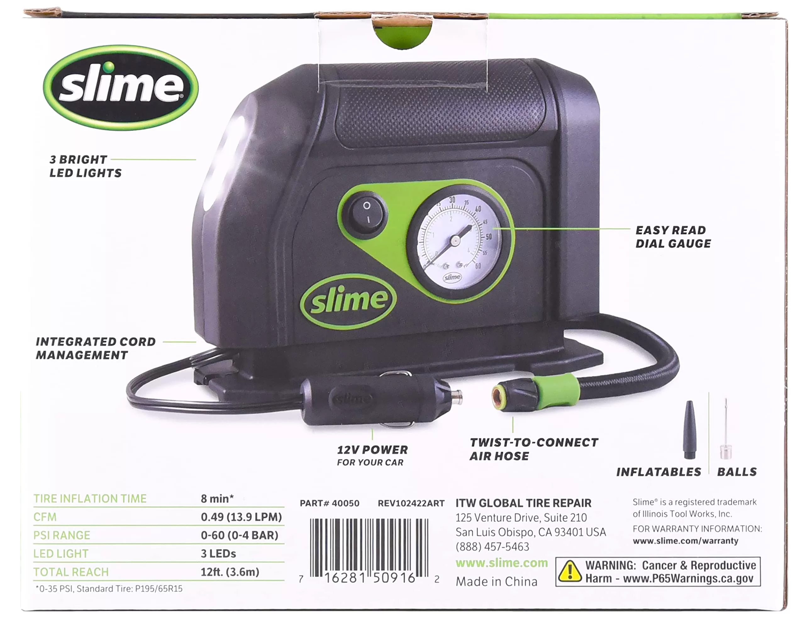 Slime 40050 Tire Inflator, Portable Car Air Compressor, with Analog 100 psi Dial Gauge, Long Hose and LED Light, 12V, 8 min Inflation