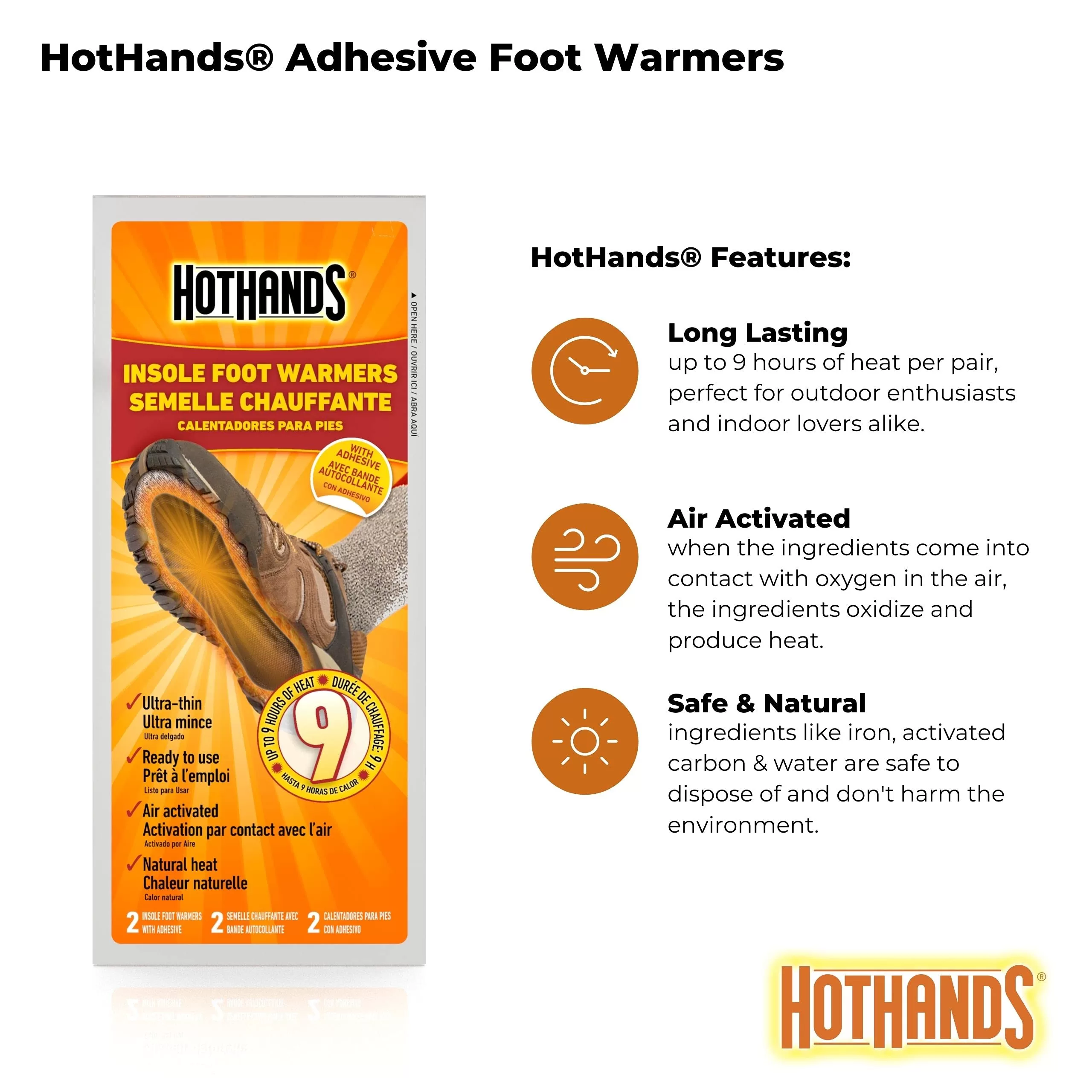 HotHands Insole Foot Warmers - Long Lasting Safe Natural Odorless Air Activated Warmers - 16 Pair , Black