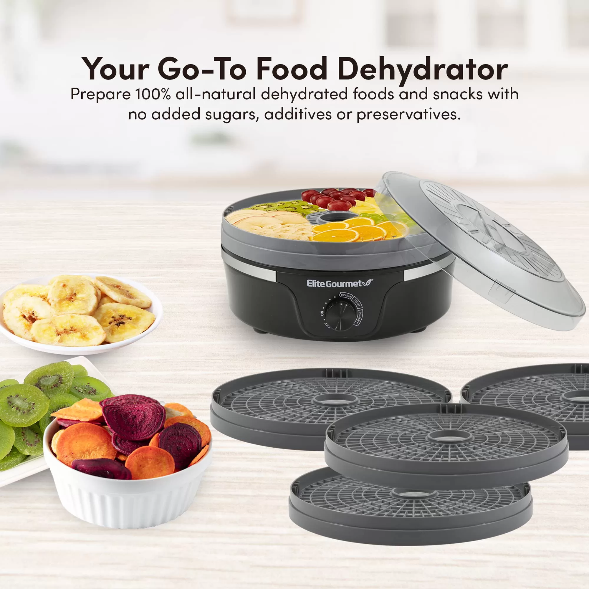 Elite Gourmet EFD319BNG Food Dehydrator, 5 BPA-Free 11.4" Trays Adjustable Temperature Controls, Black and Grey, 5 Trays