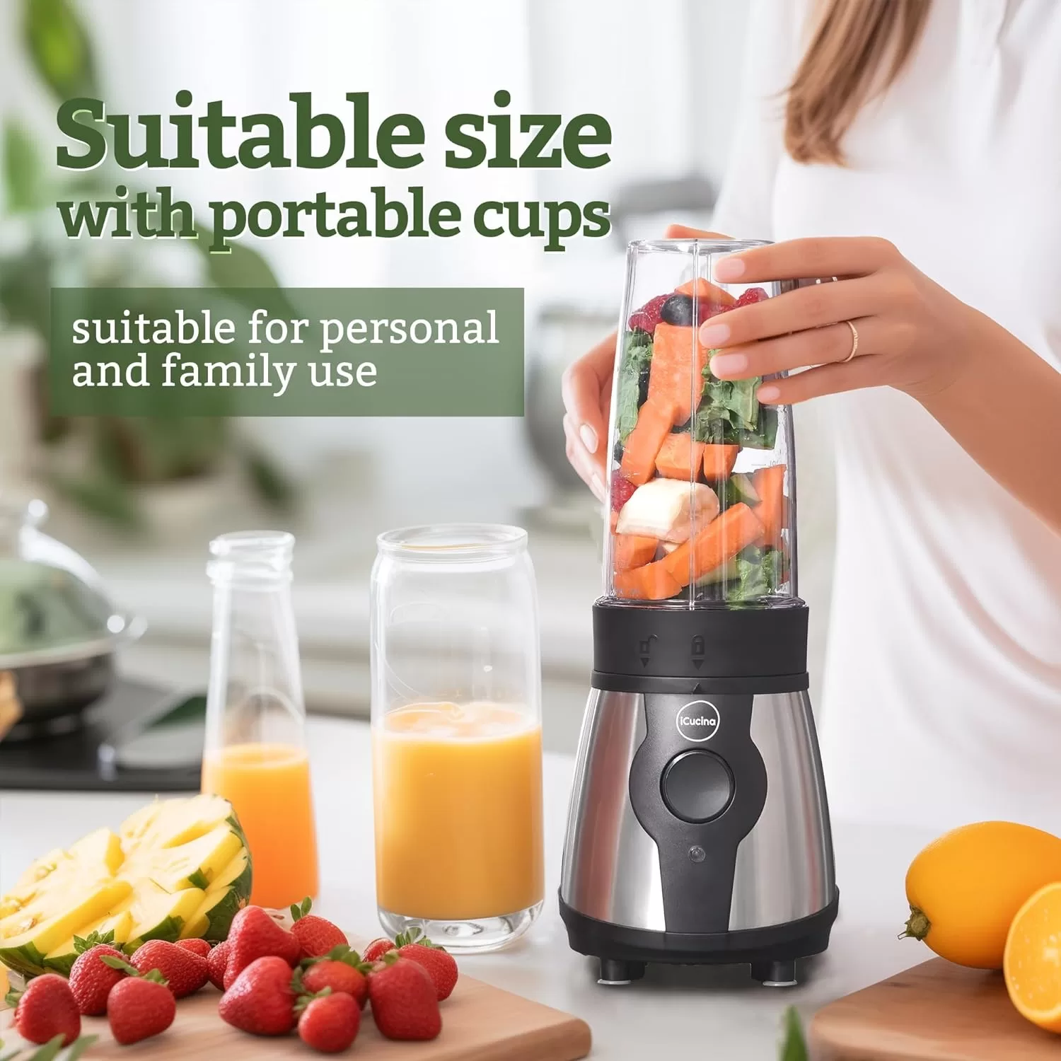 ICucina Blenders for Shakes and Smoothies, 300W, 2 * 28 oz To-Go Portable Cups with Lids