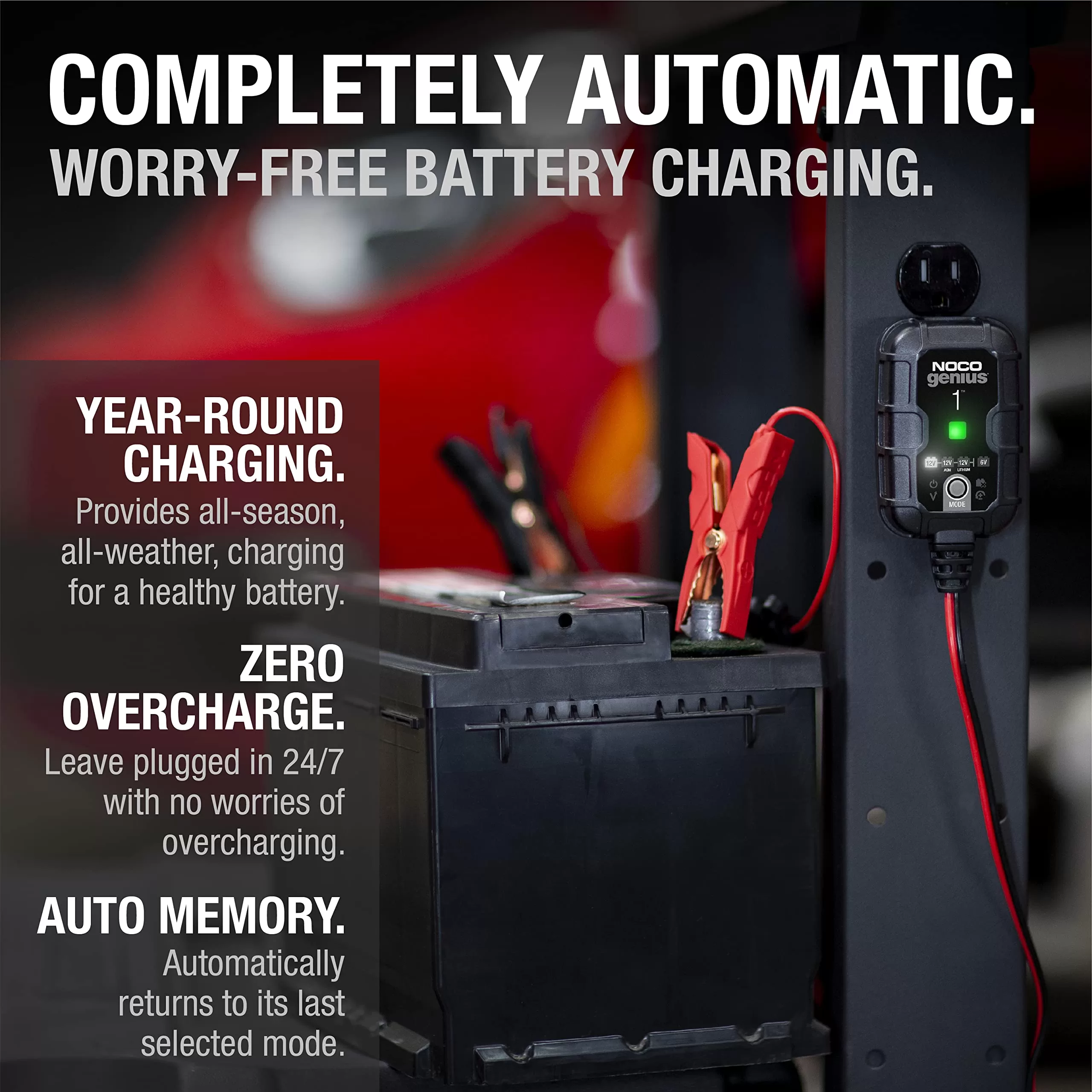 NOCO GENIUS1, 1A Smart Car Battery Charger, 6V and 12V Automotive Charger, Battery Maintainer, Trickle Charger