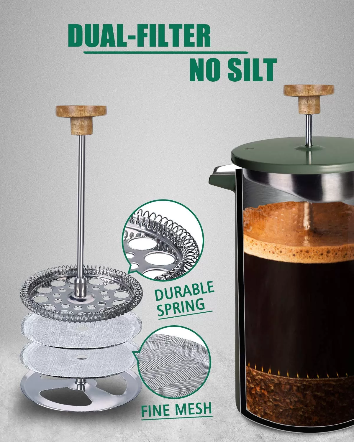 POLIVIAR French Press Coffee Maker, 34 oz Coffee Press with Real Wood Handle, Double Wall Insulation & Dual-Filter Screen