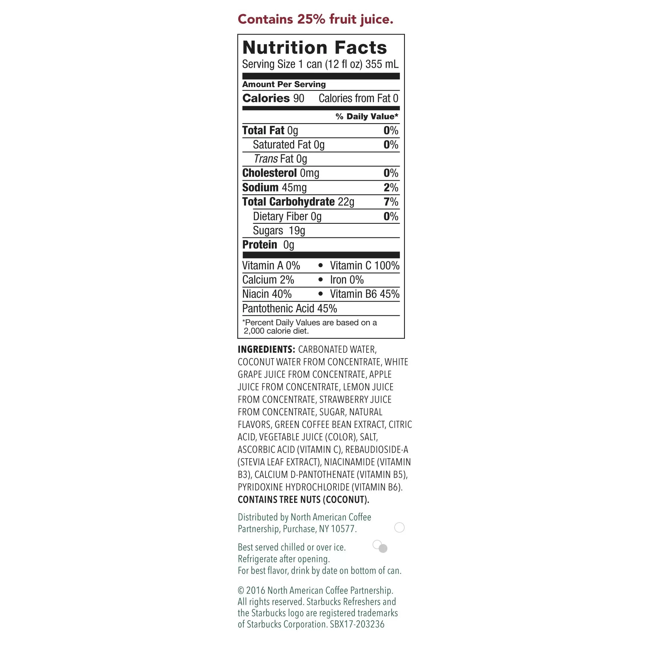 Starbucks, Refreshers with Coconut Water, Strawberry Lemonade, 12 fl Oz. Cans (12 Pack)
