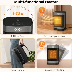 ToLife Space Heater Indoor with Thermostat, 1500W PTC Electric Heater, 60°Oscillating, 4 Modes, 12h Timer