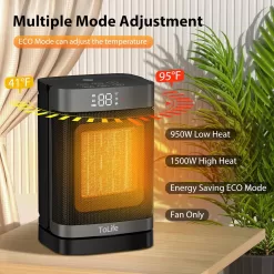 ToLife Space Heater Indoor with Thermostat, 1500W PTC Electric Heater, 60°Oscillating, 4 Modes, 12h Timer