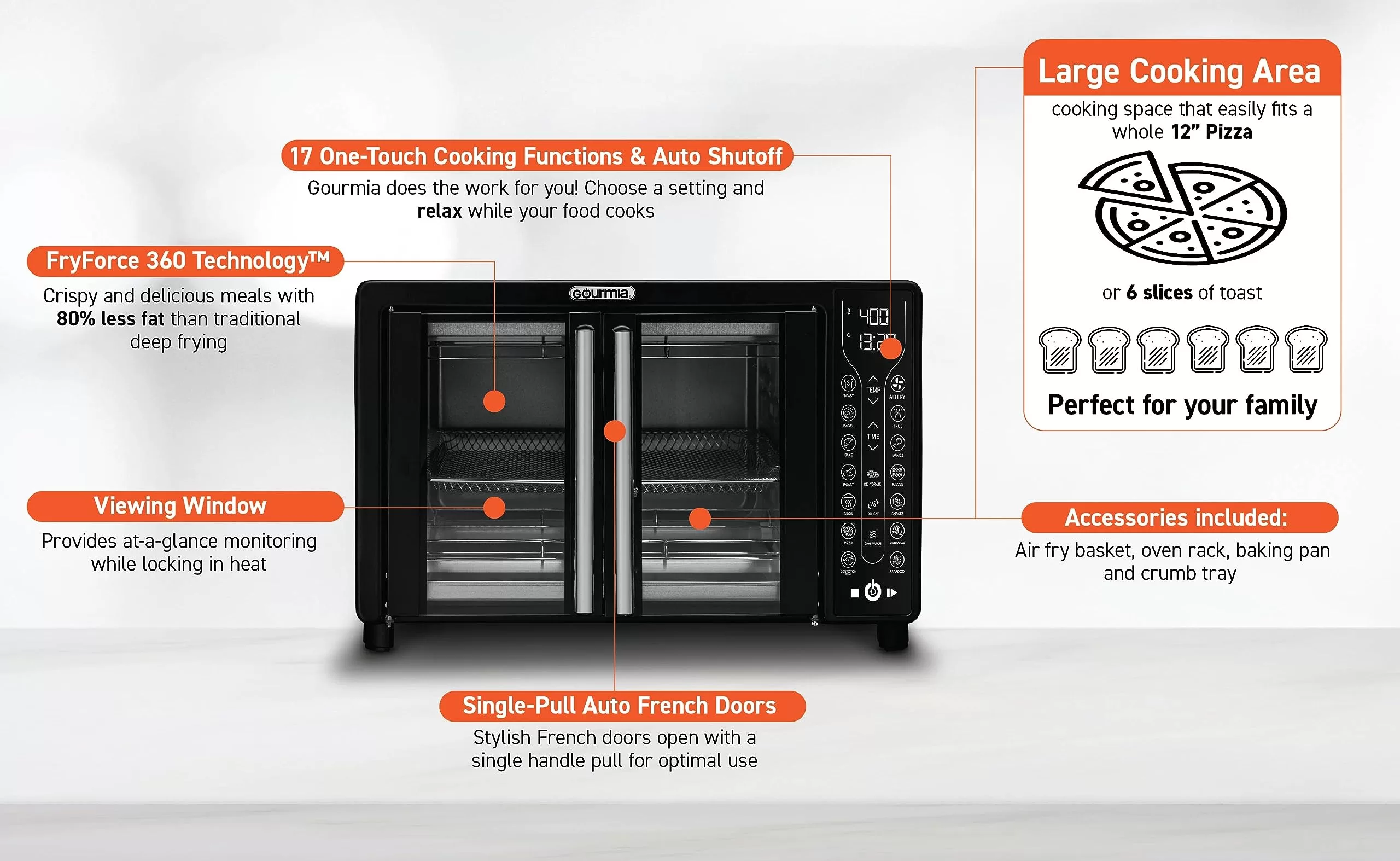 Gourmia Toaster Oven Air Fryer Combo 17 cooking presets 1700W french door digital air fryer oven 24L capacity accessories