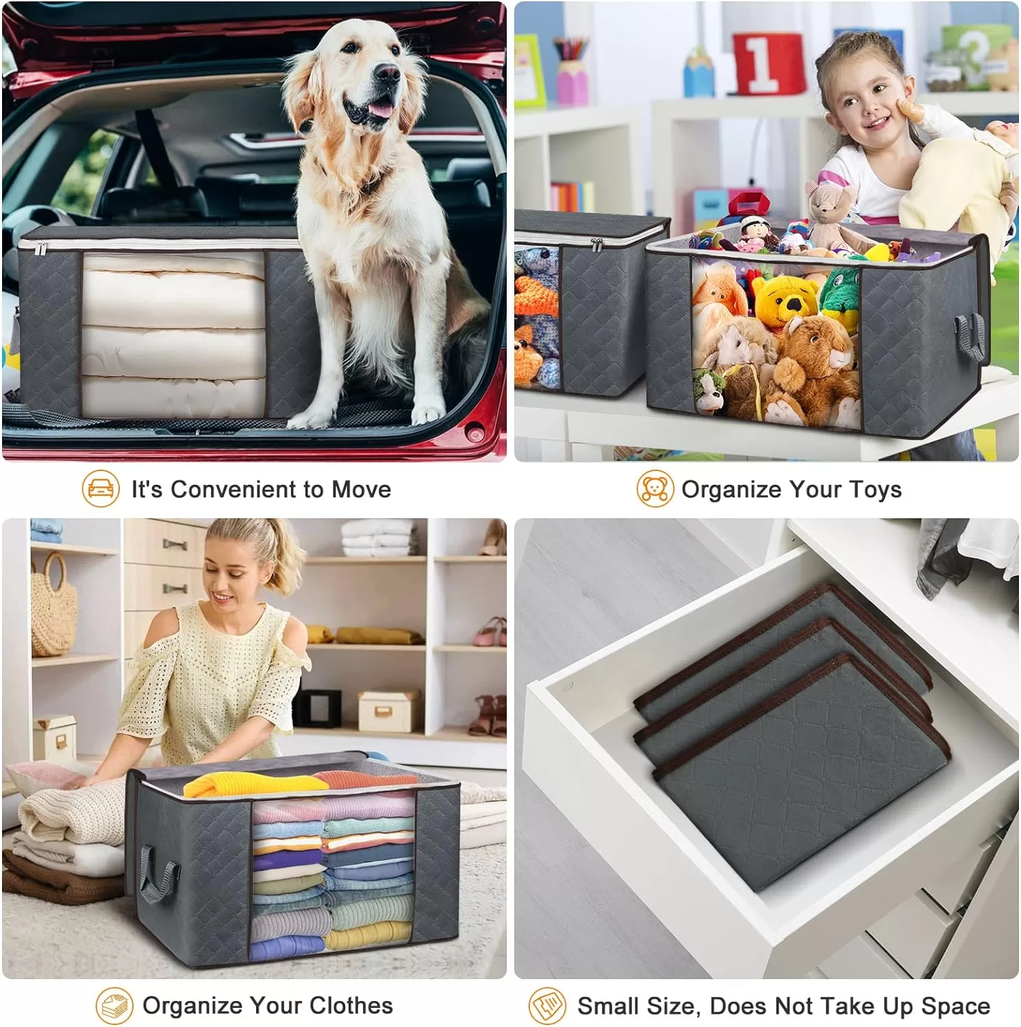 Budding Joy 90L Large Storage Bags, 6 Pack Clothes Storage Bins Foldable Closet Organizers Storage Containers (Gray)