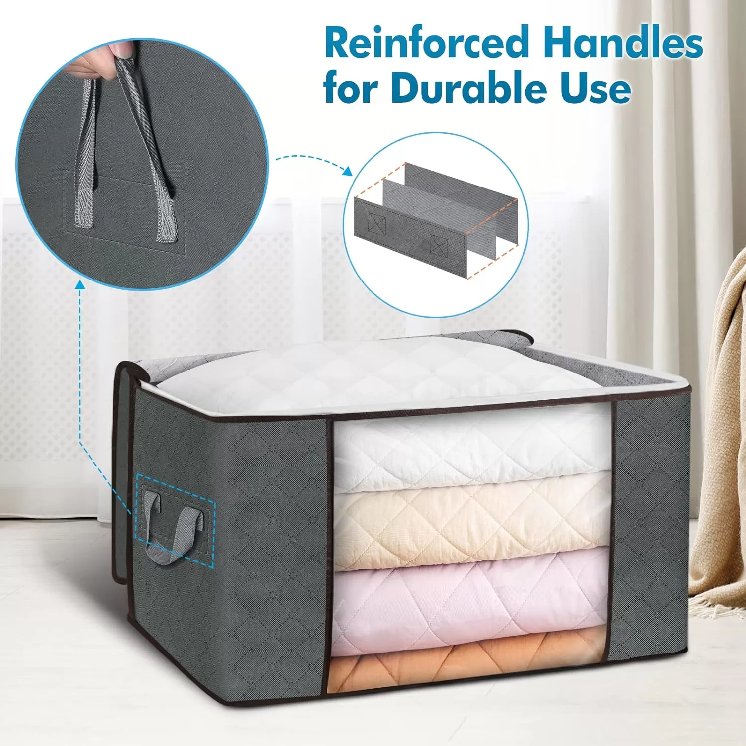 Budding Joy 90L Large Storage Bags, 6 Pack Clothes Storage Bins Foldable Closet Organizers Storage Containers (Gray)