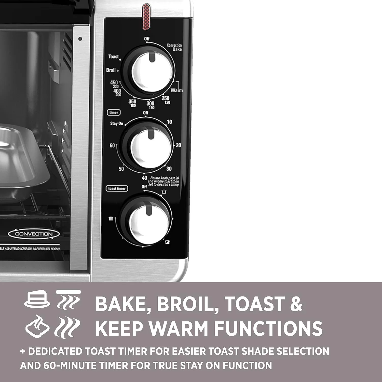 BLACK+DECKER TO3250XSB 8-Slice Extra Wide Convection Countertop Toaster Oven, Includes Bake Pan, Broil Rack & Toasting Rack, Stainless Steel/Black