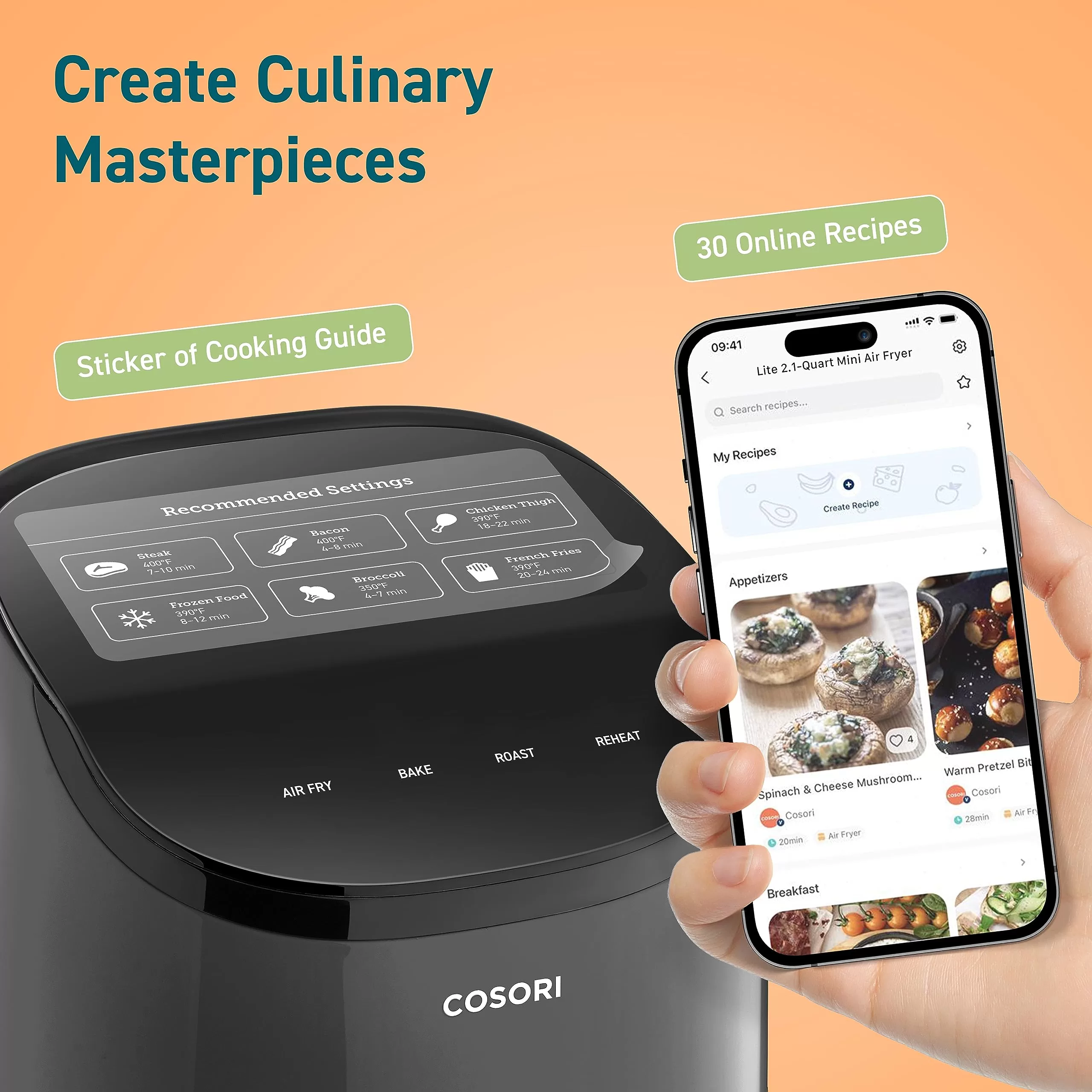Cosori Mini Air Fryer 2.1 Qt, 4-in-1 Small Airfryer, Bake, Roast, Reheat, Space-saving & Low-noise, Gray